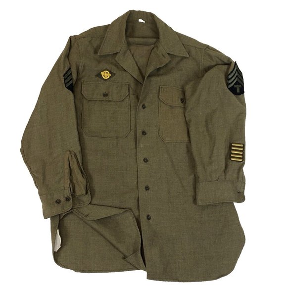 Other - Vintage US Army M37 Green Wool Field Shirt with Gas Flap Size 15/32 Patches